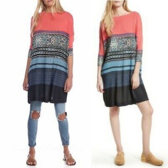 FREE PEOPLE Oversized Printed Colorblock T-Shirt Dress - Picture 1 of 9